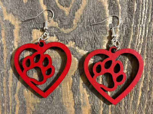 Paw in Heart Wood Earrings, Red