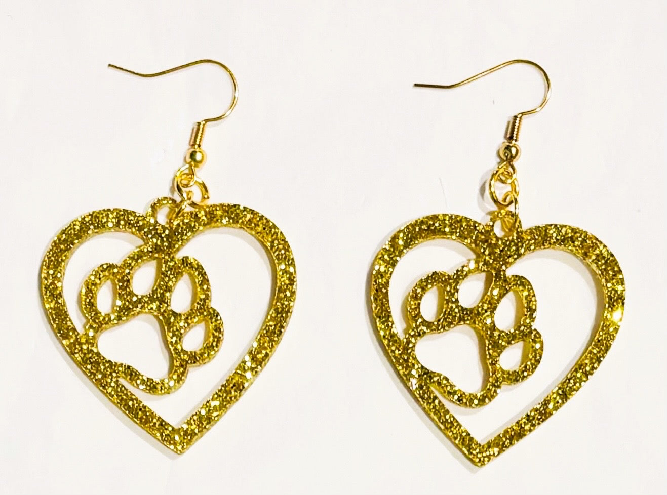 Paw in Heart Acrylic Earrings, Gold Glitter