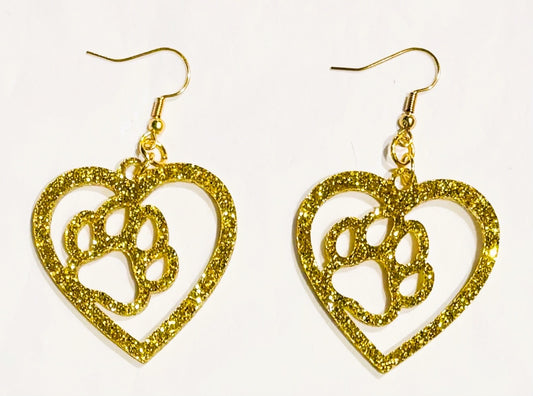 Paw in Heart Acrylic Earrings, Gold Glitter