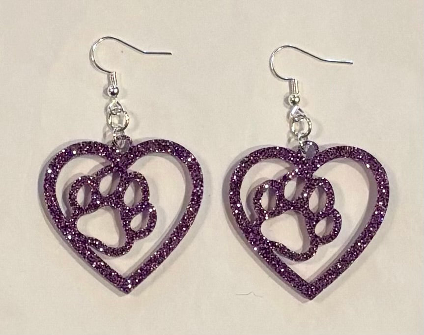 Paw in Heart Acrylic Earrings, Lavender Glitter