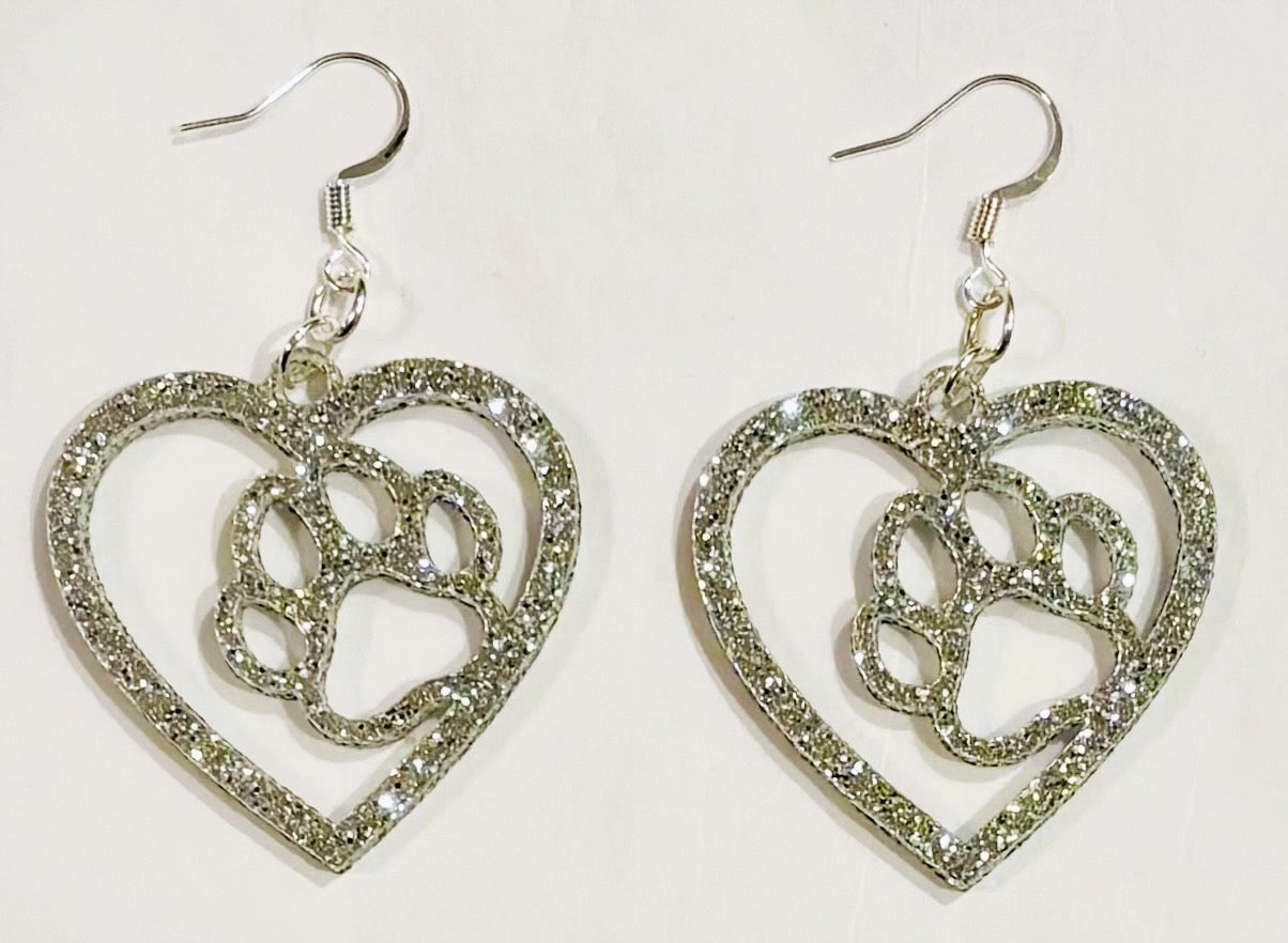 Paw in Heart Acrylic Earrings, Silver Glitter