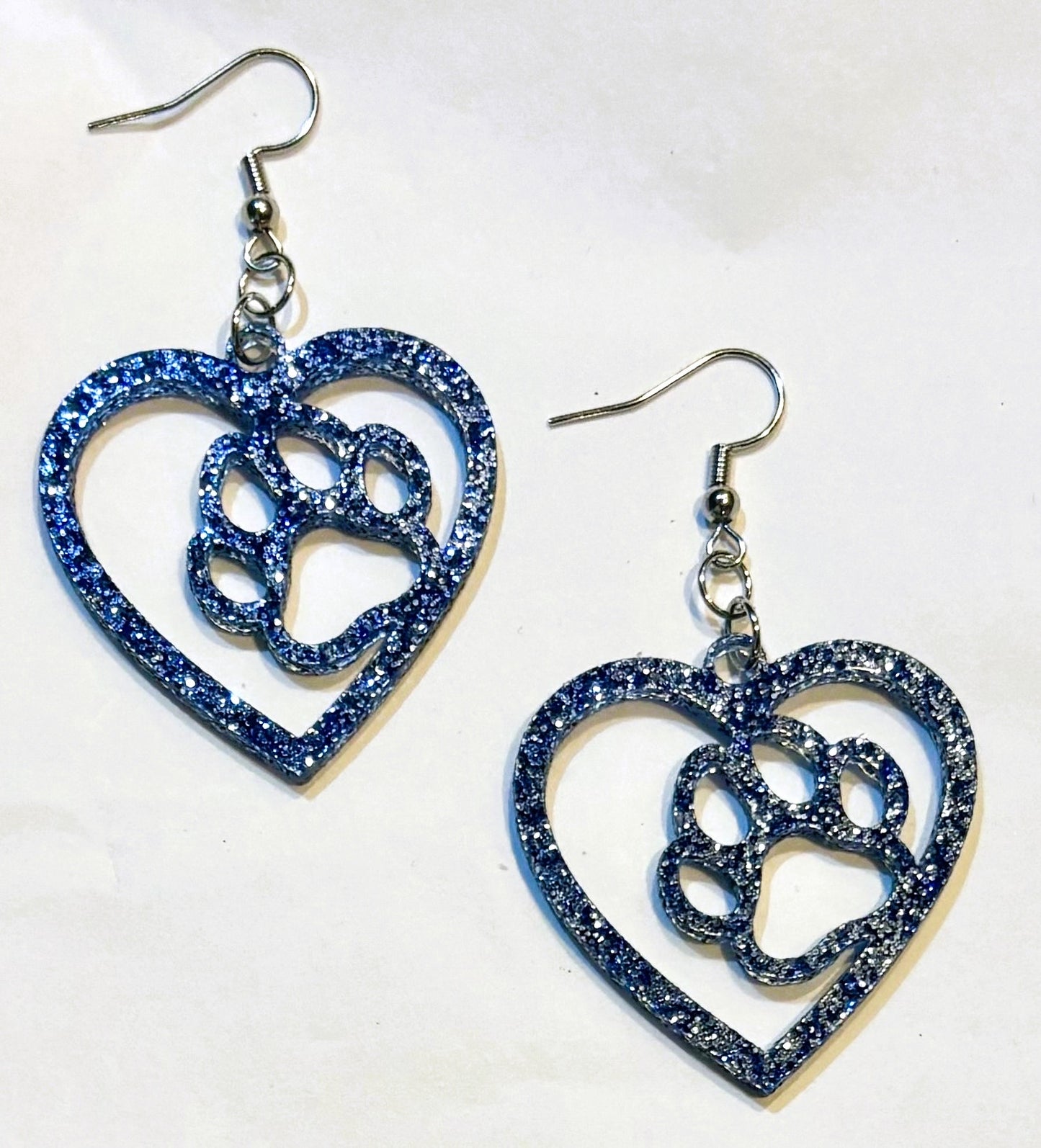 Paw in Heart Acrylic Earrings, Galaxy Blue Glitter