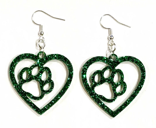 Paw in Heart Acrylic Earrings, Ivy Green Glitter