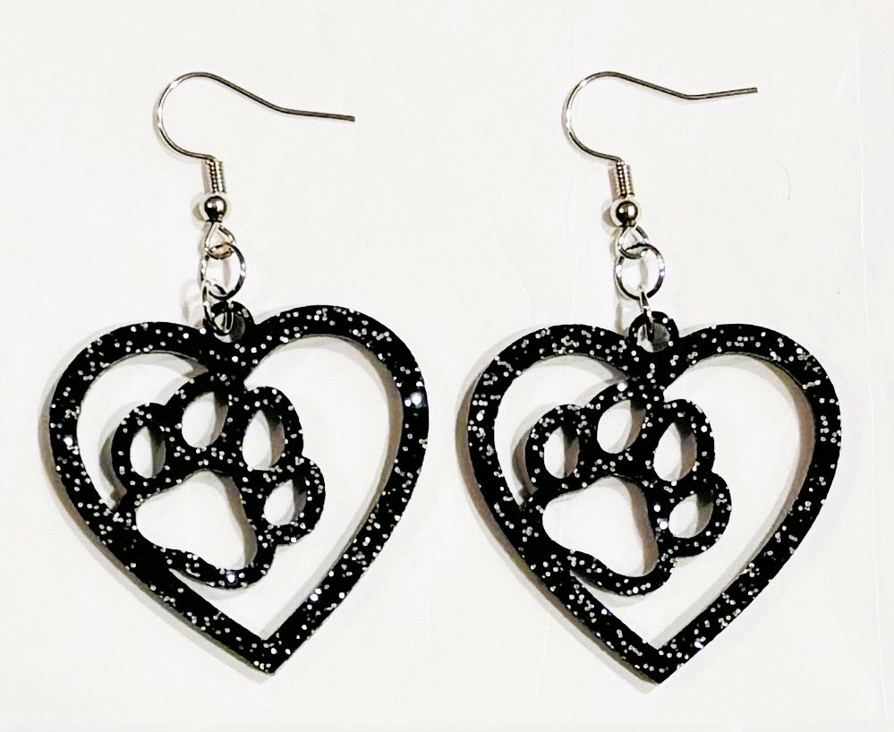 Paw in Heart Acrylic Earrings, Black Glitter