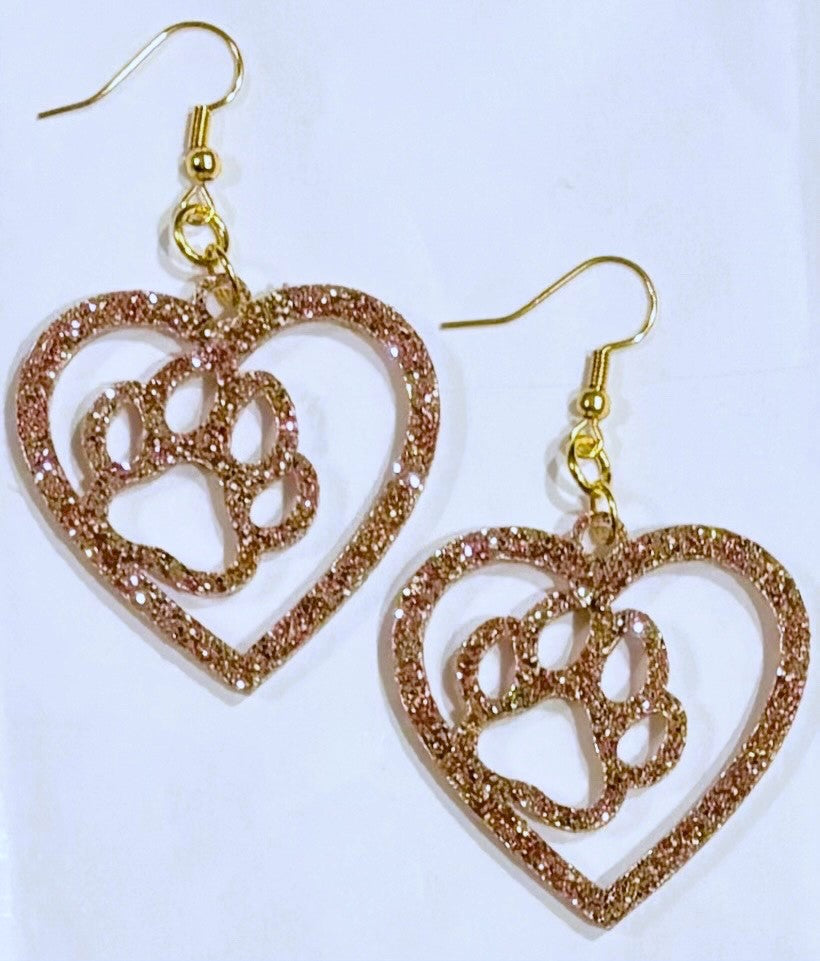 Paw in Heart Acrylic Earrings, Champagne Glitter