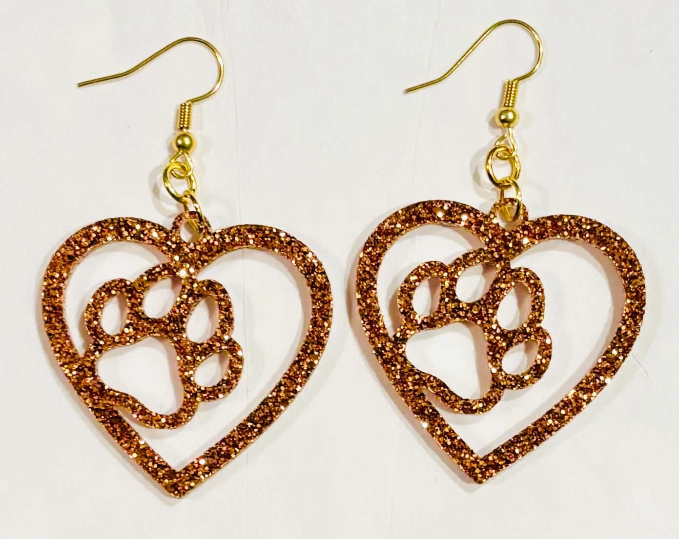 Paw in Heart Acrylic Earrings, Copper Glitter