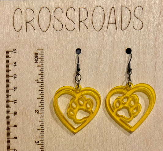 Paw in Heart Acrylic Earrings, Translucent Yellow