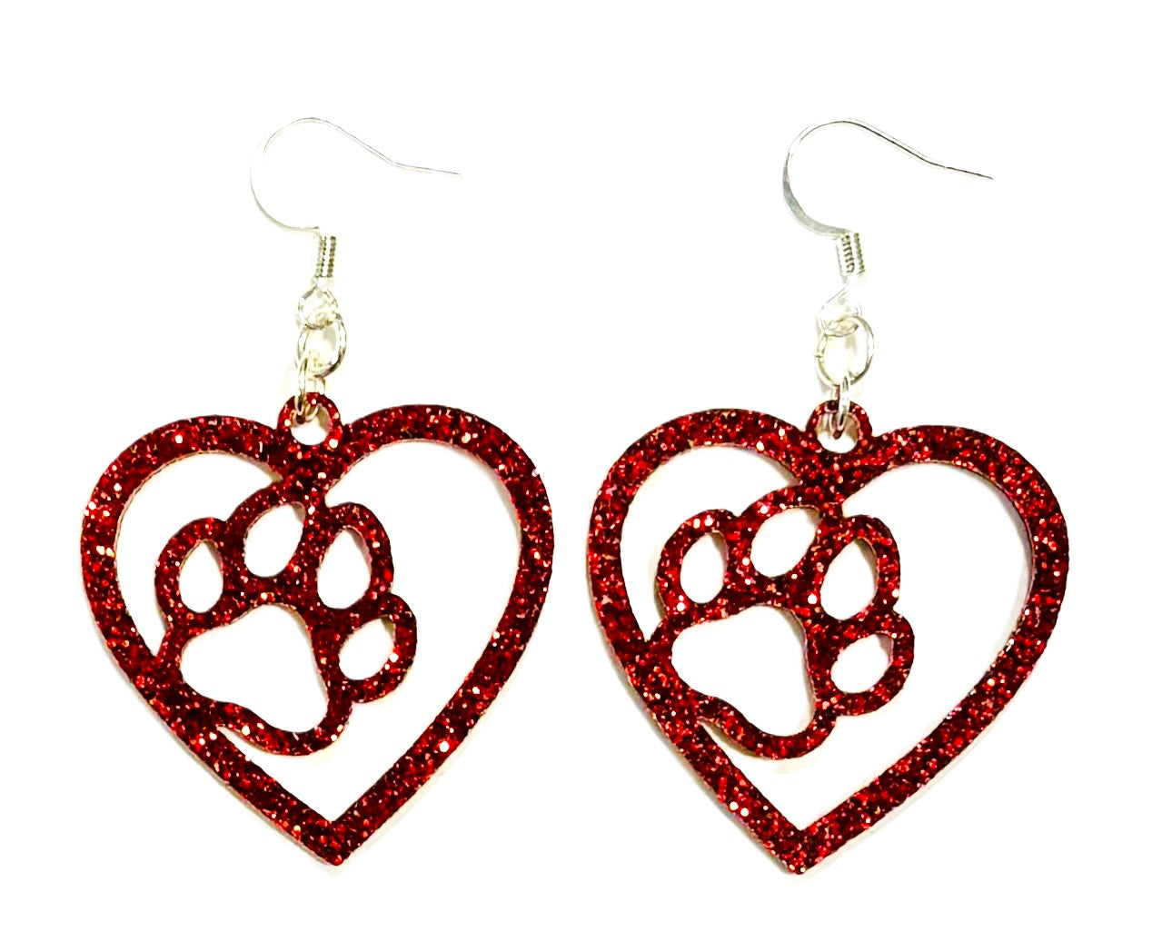 Paw in Heart Acrylic Earrings, Scarlet Red Glitter