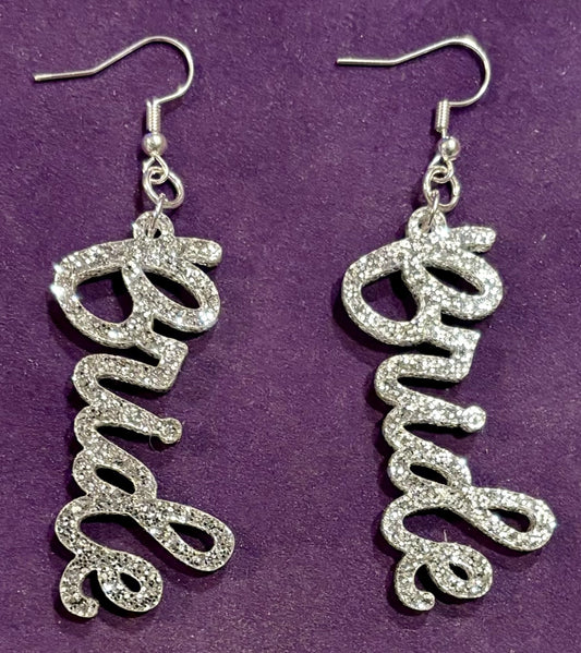 Bride Acrylic Earrings, Silver Glitter