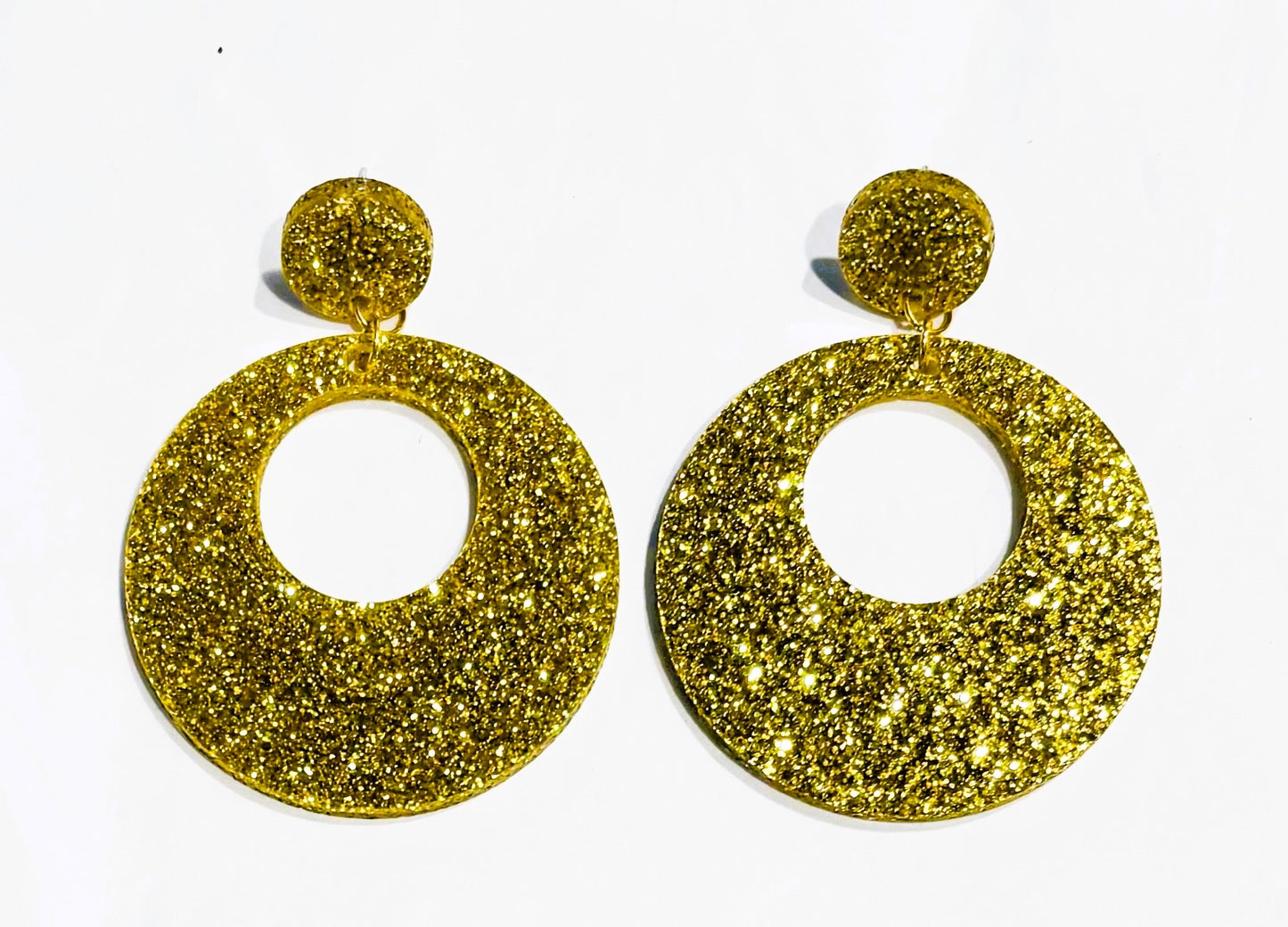 Offset Circle w/ Dot Acrylic Earrings, Gold Glitter