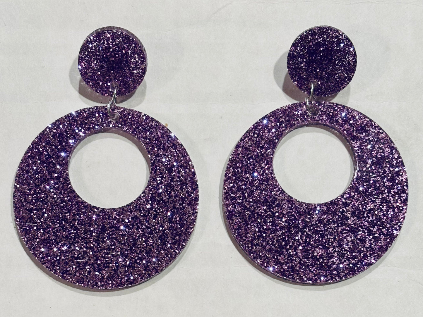 Offset Circle w/ Dot Acrylic Earrings, Lavender Glitter