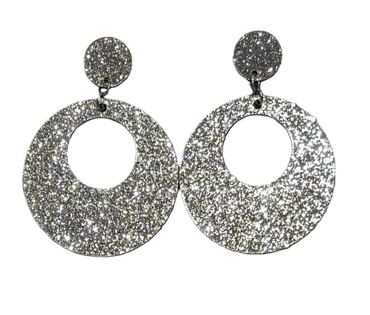 Offset Circle w/ Dot Acrylic Earrings, Silver Glitter