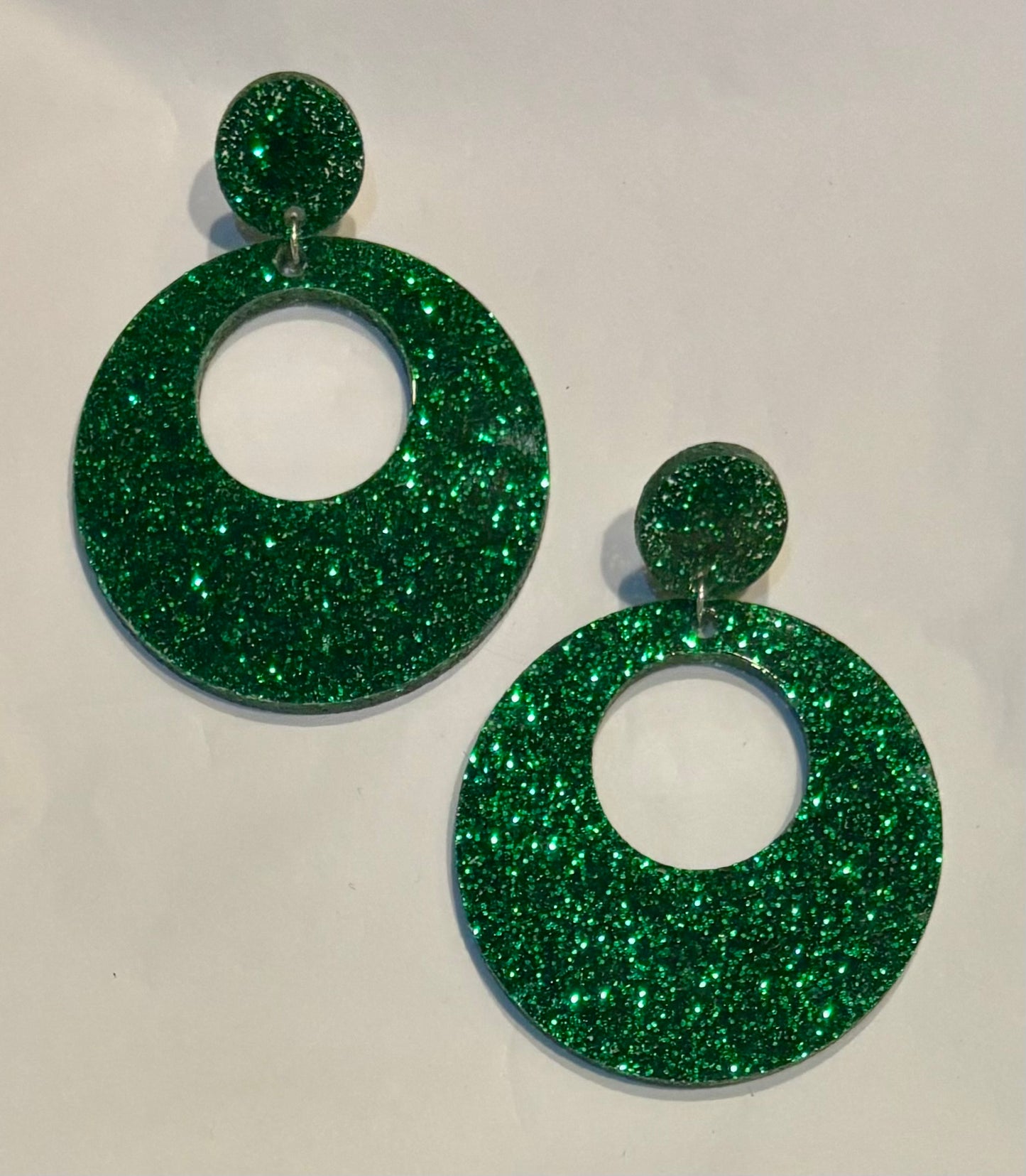 Offset Circle w/ Dot Acrylic Earrings, Ivy Green Glitter