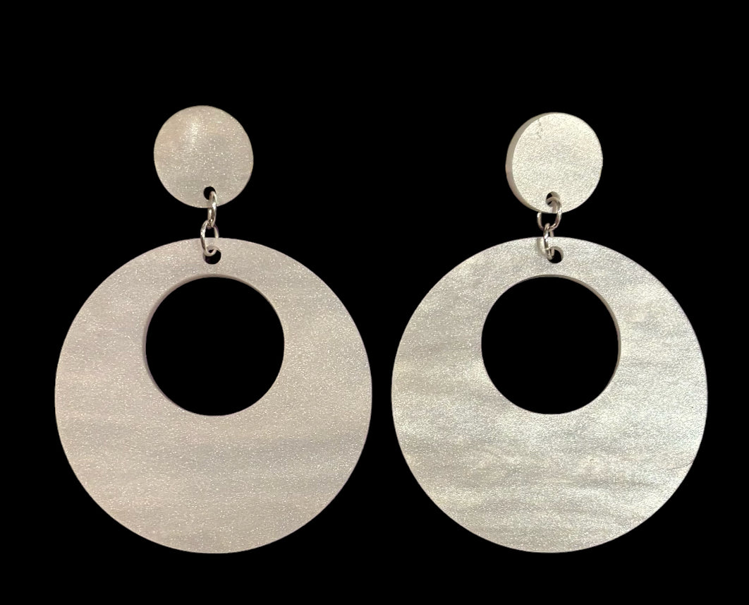 Offset Circle w/ Dot Acrylic Earrings, White Pearl