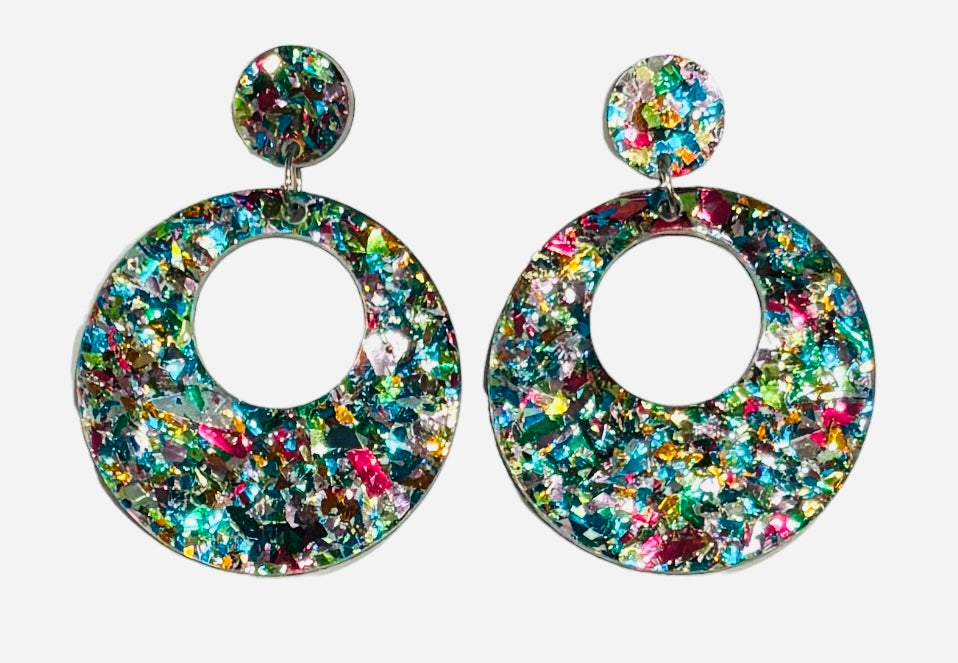 Offset Circle w/ Dot Acrylic Earrings, Silver Confetti