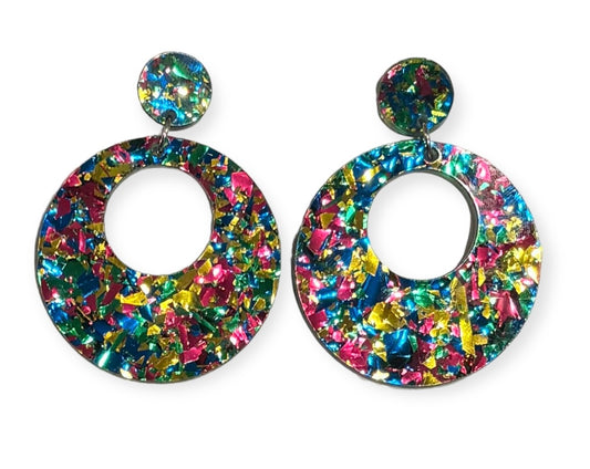 Offset Circle w/ Dot Acrylic Earrings, Peacock Confetti