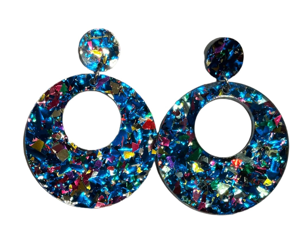 Offset Circle w/ Dot Acrylic Earrings, Blue Confetti