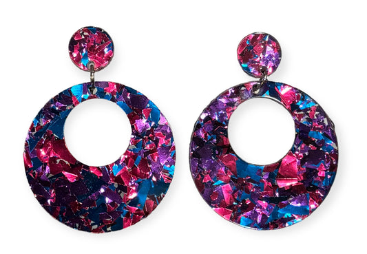 Offset Circle w/ Dot Acrylic Earrings, Purple Confetti