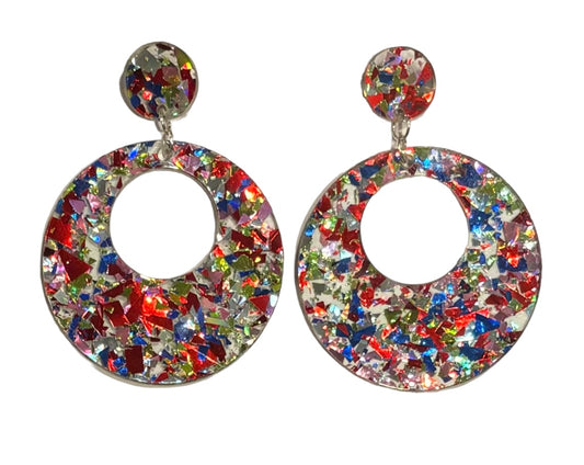 Offset Circle w/ Dot Acrylic Earrings, 4th of July Confetti