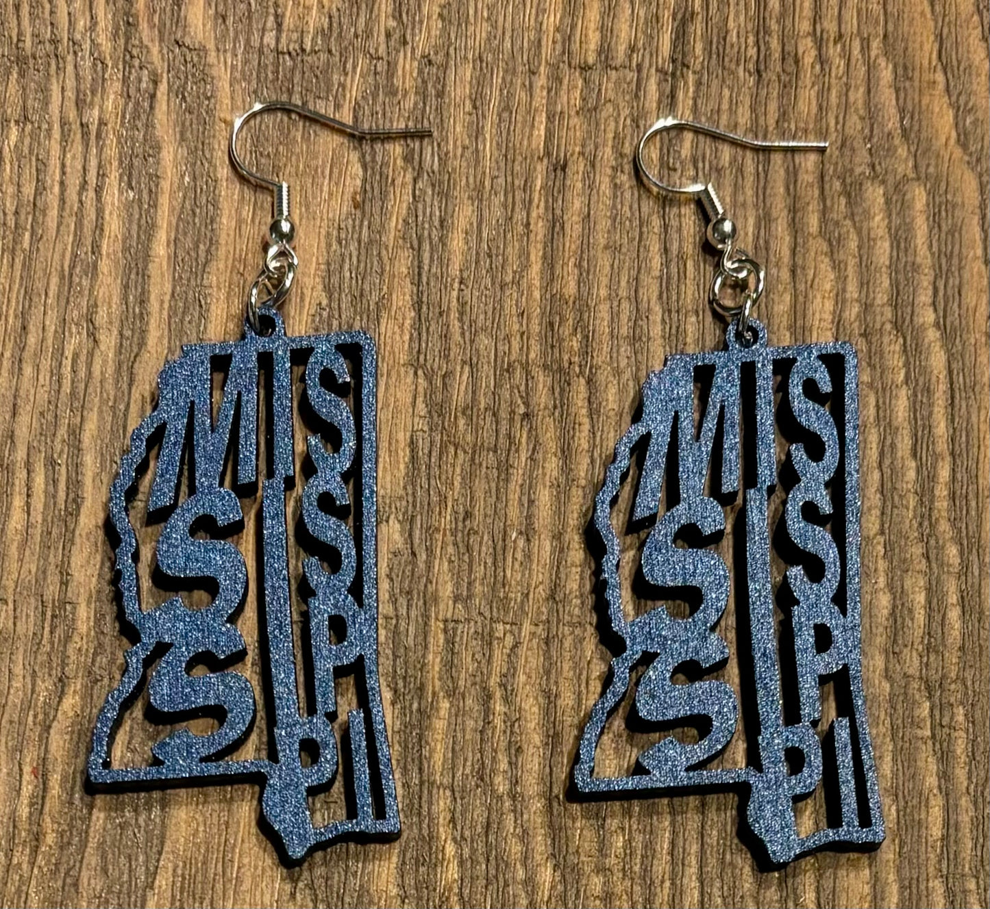 Mississippi Wood Earrings, Metallic Blue