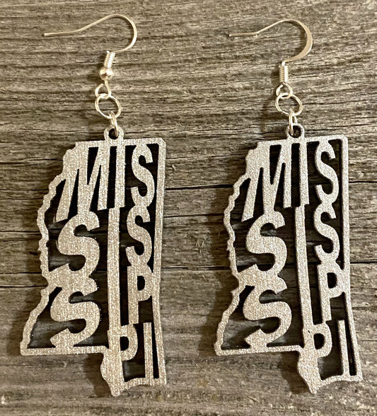 Mississippi Wood Earrings, Metallic Silver