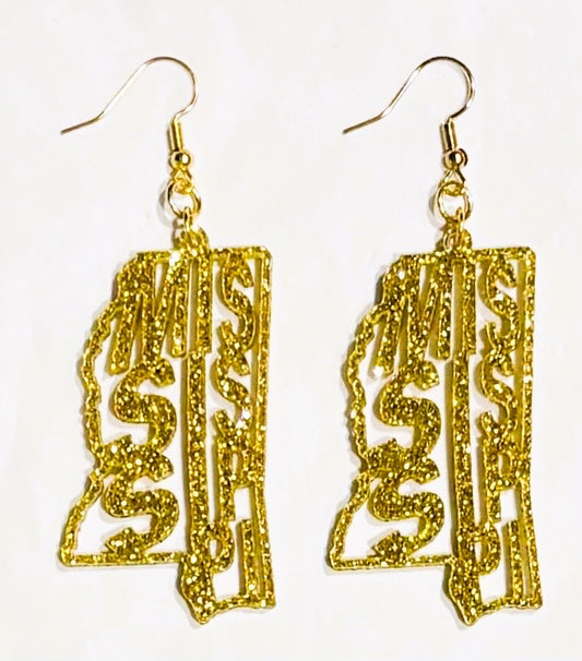 Mississippi Acrylic Earrings, Gold Glitter