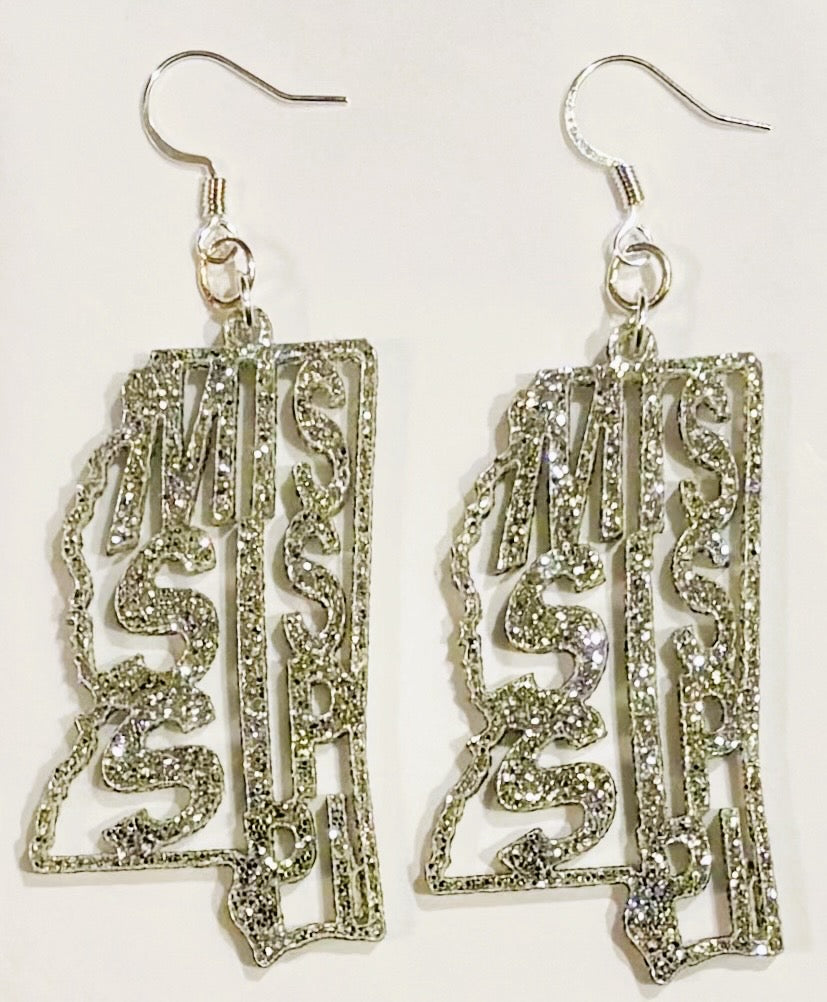 Mississippi Acrylic Earrings, Silver Glitter