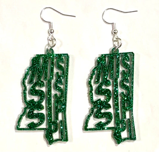 Mississippi Acrylic Earrings, Ivy Green Glitter