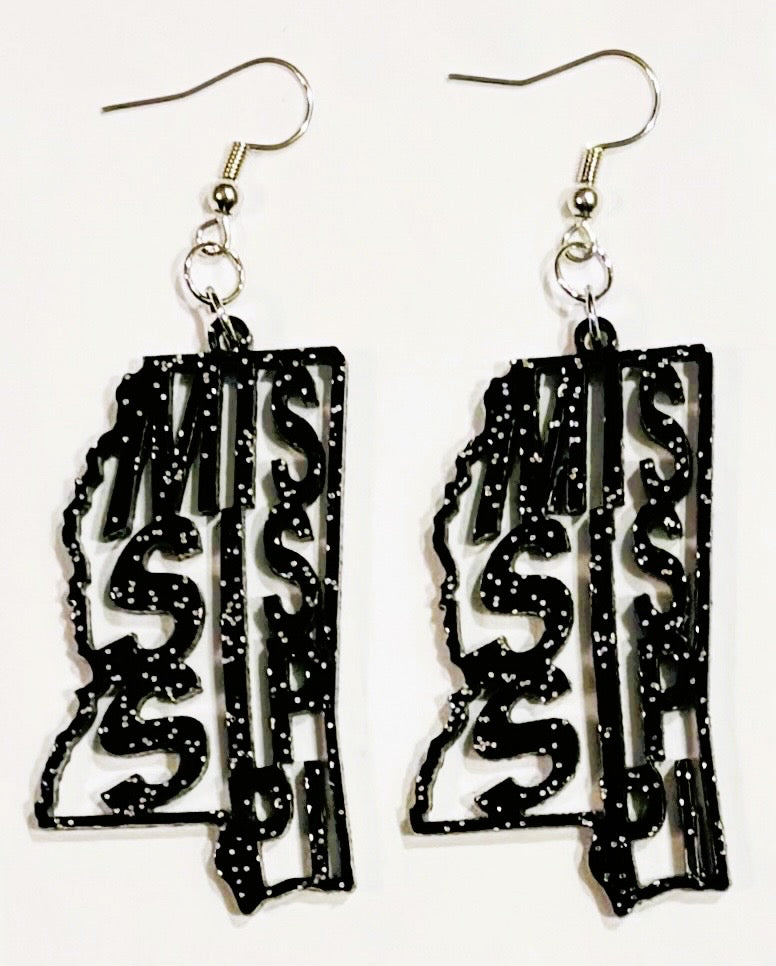 Mississippi Acrylic Earrings, Black Glitter