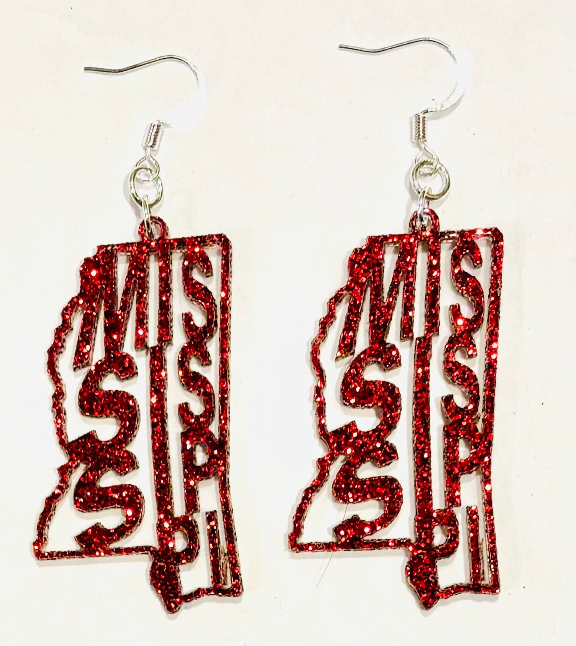 Mississippi Acrylic Earrings, Scarlet Red Glitter