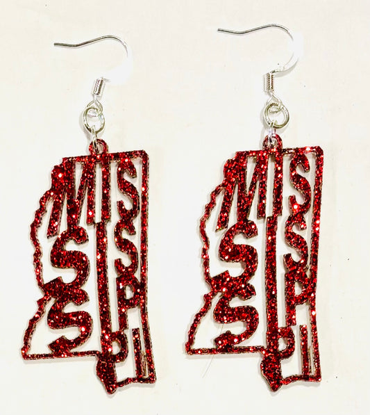 Mississippi Acrylic Earrings, Scarlet Red Glitter