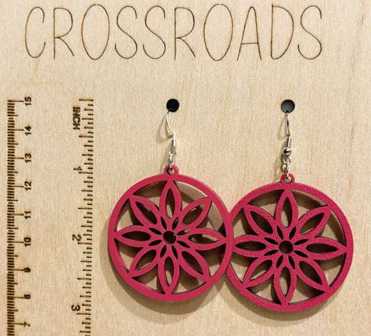 Circle Flower Wood Earrings, Pink