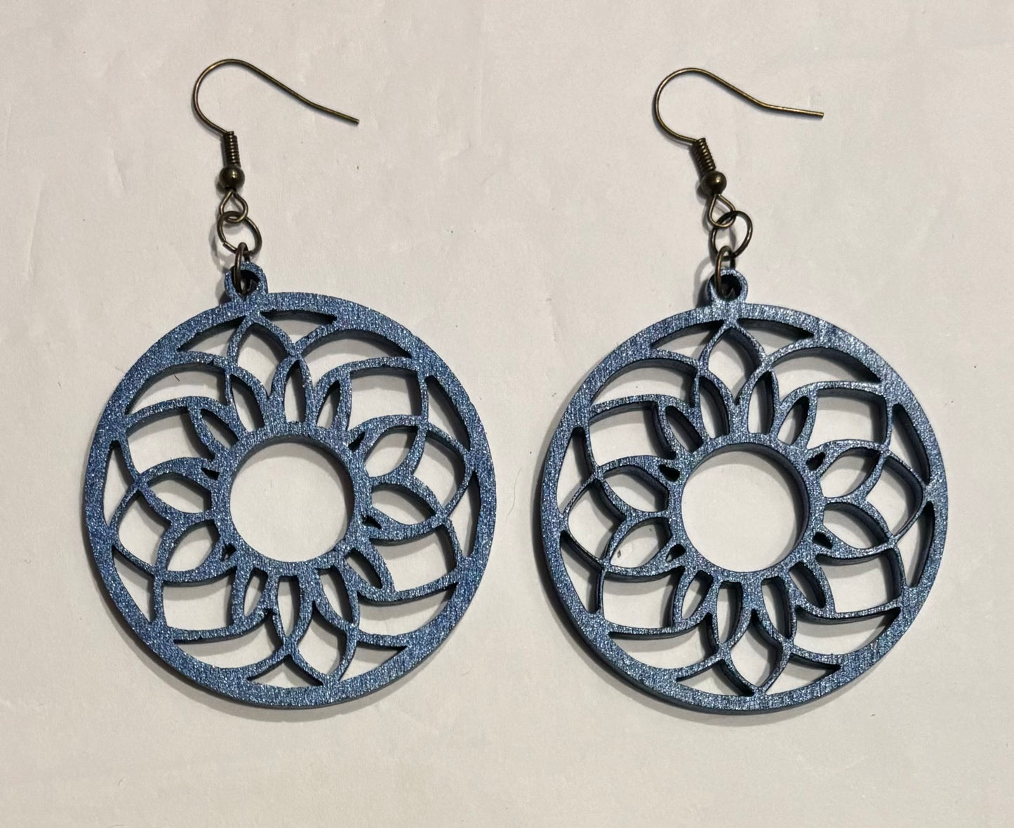 Mandala (1)  Wood Earrings, Metallic Blue