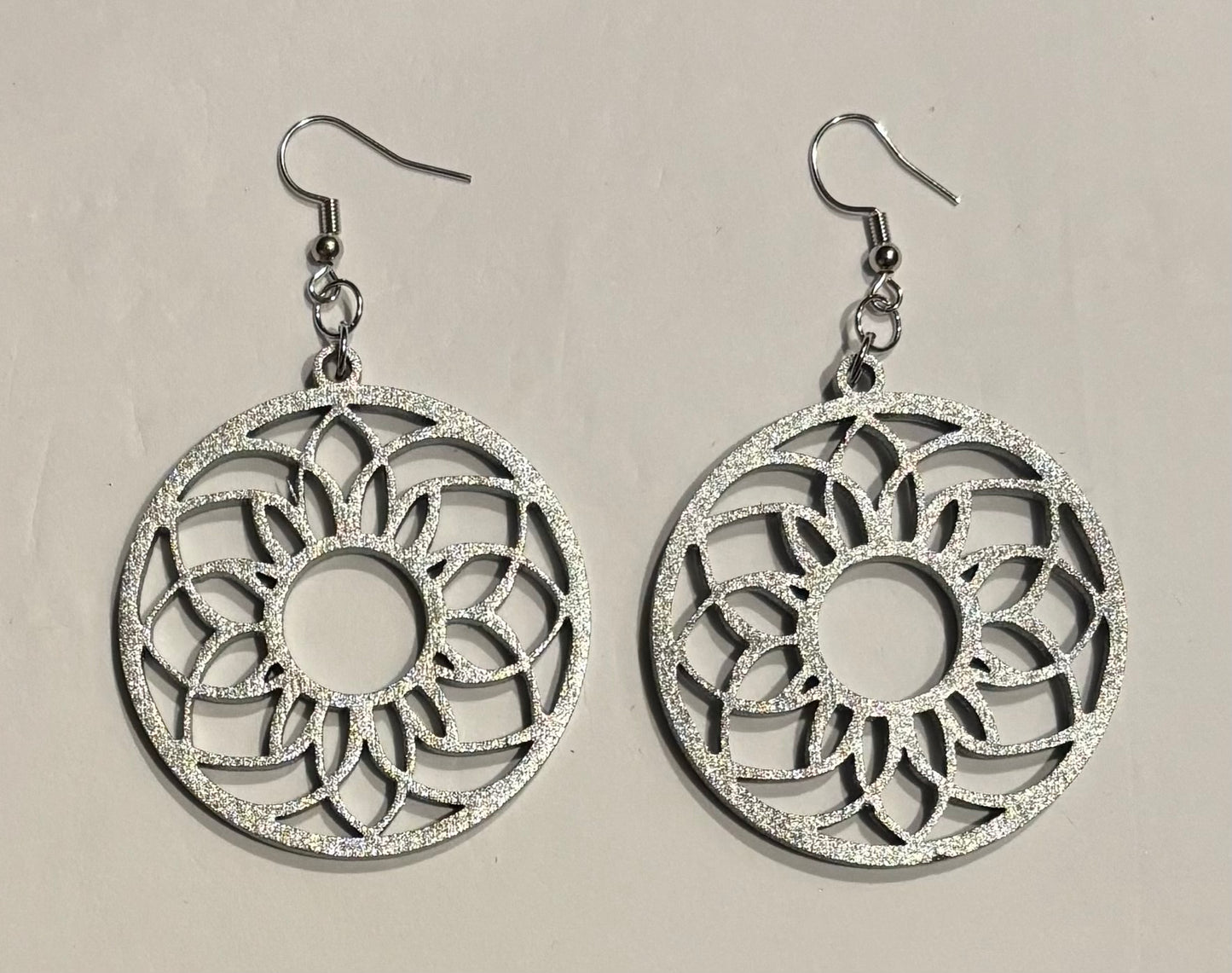 Mandala (1)  Wood Earrings, Metallic Silver