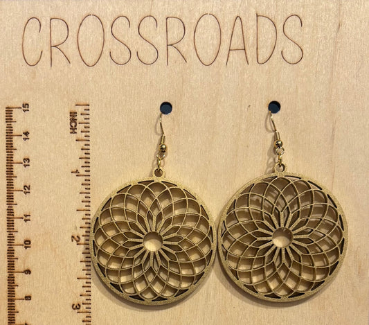 Mandala (2)  Wood Earrings, Bright Gold