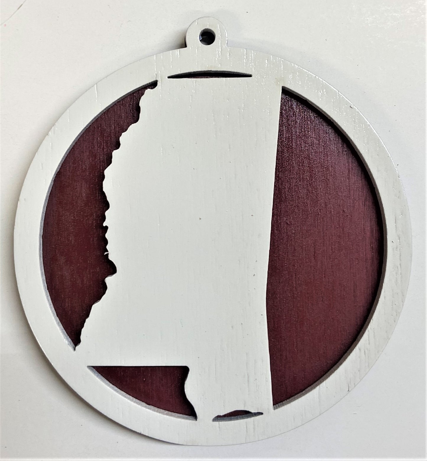 Mississippi Map Wood Ornament - White over Maroon