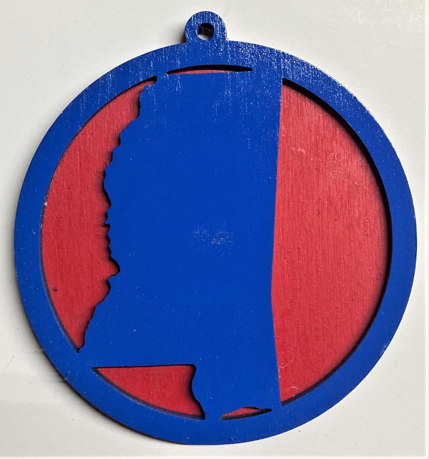 Mississippi Map Wood Ornament - Blue over Red