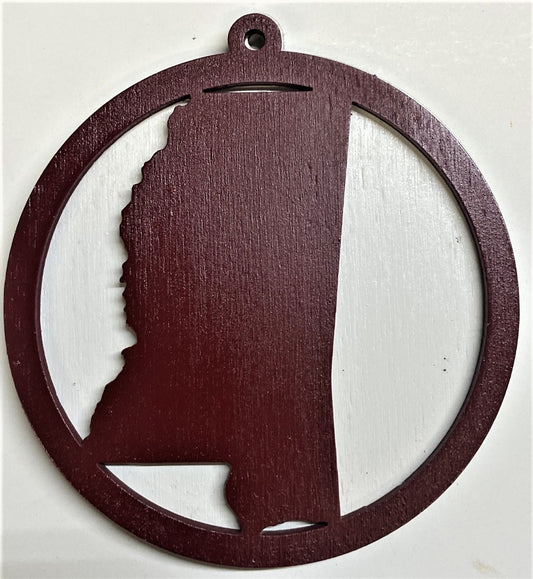 Mississippi Map Wood Ornament - Maroon over White