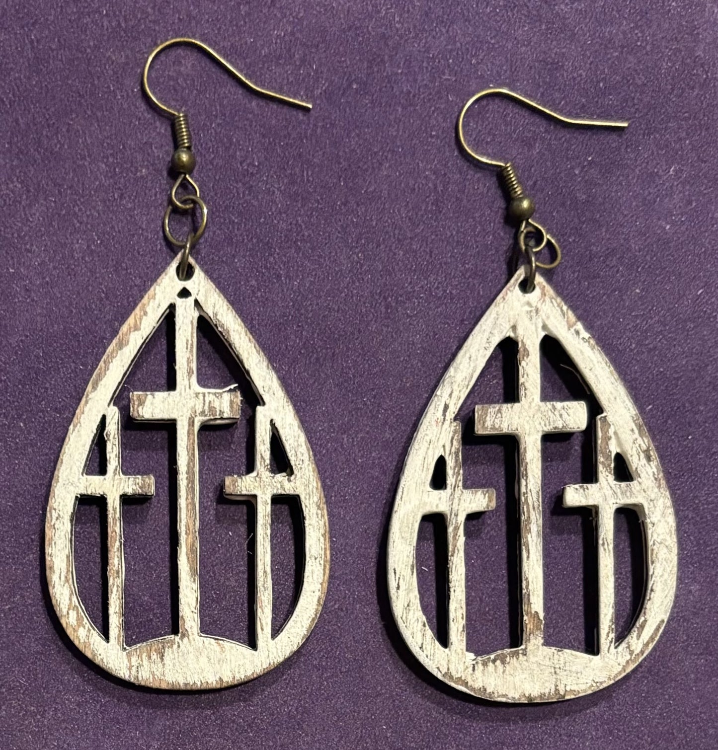 Three Cross Wood Earrings, White Distressed