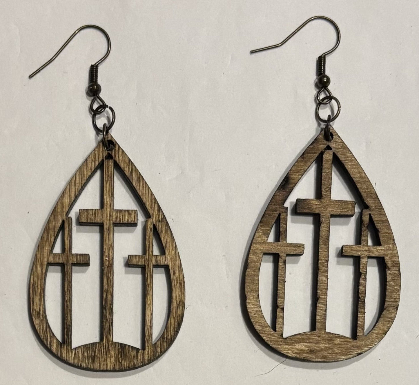 Three Cross Wood Earrings, Early American Stain