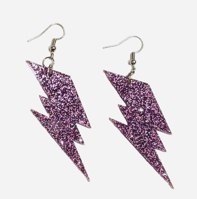 Lightning Bolt Acrylic Earrings, Lavender Glitter