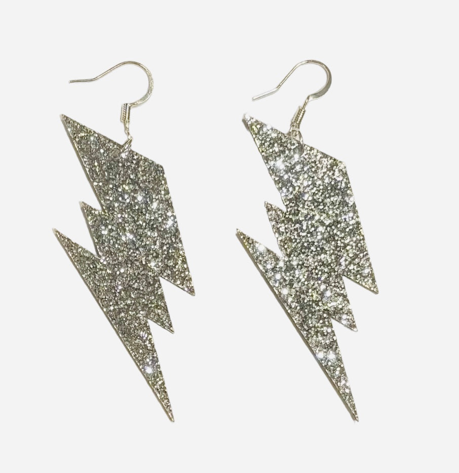 Lightning Bolt Acrylic Earrings, Silver Glitter