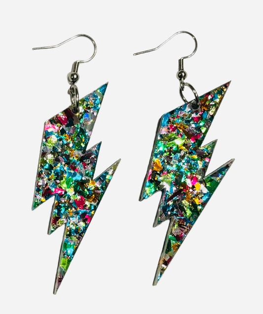 Lightning Bolt Acrylic Earrings, SIlver Confetti