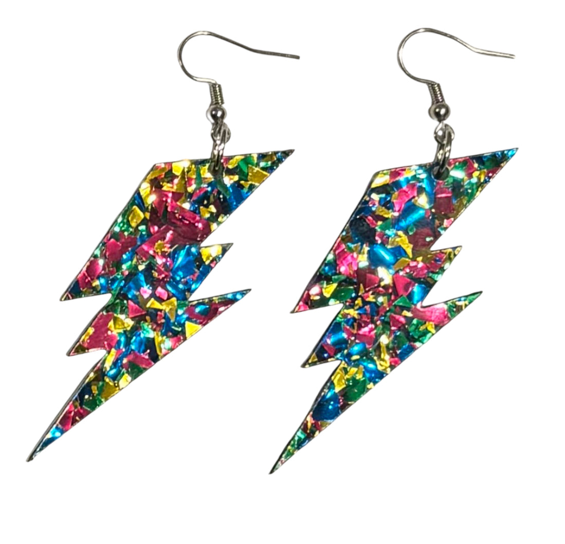 Lightning Bolt Acrylic Earrings, Peacock Confetti