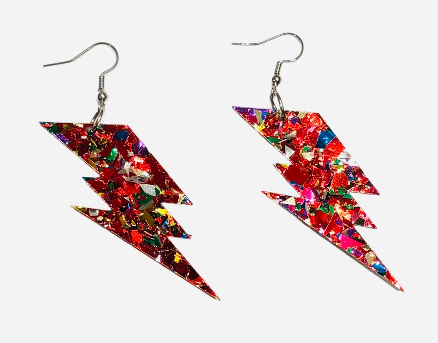 Lightning Bolt Acrylic Earrings, Red Confetti