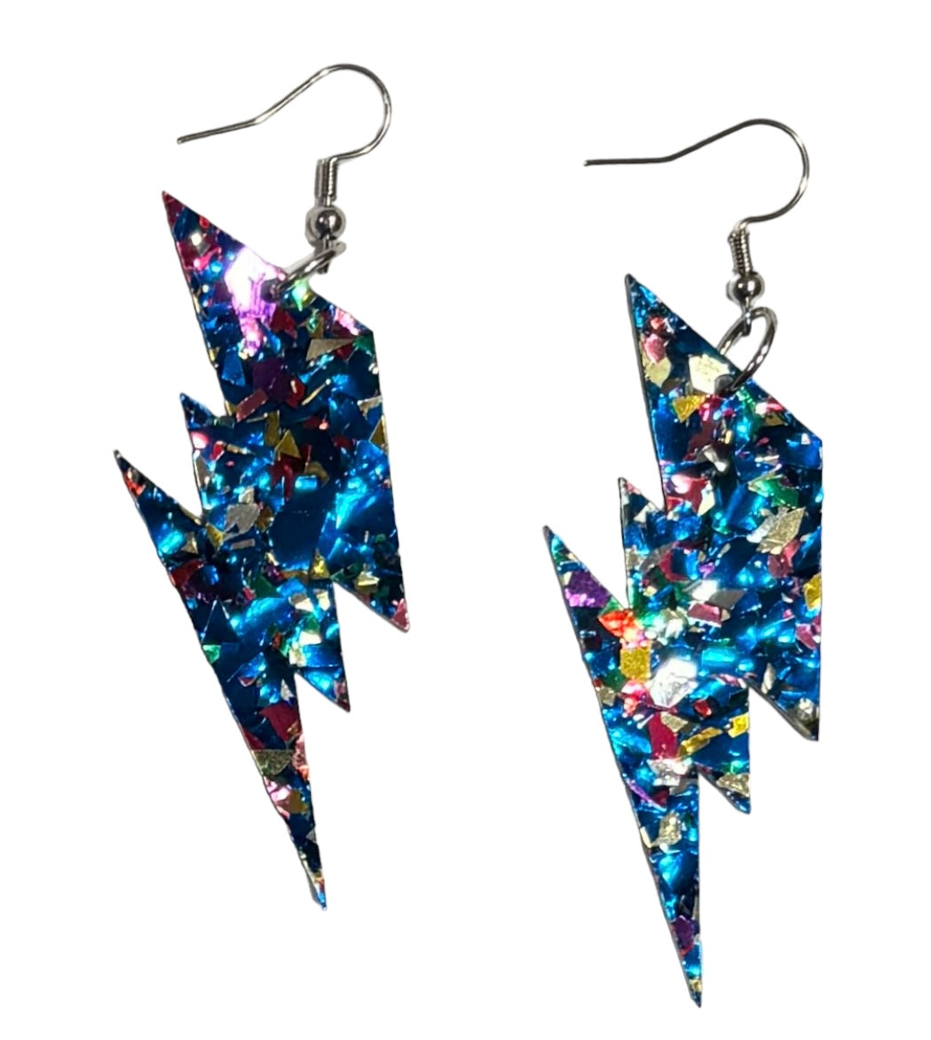 Lightning Bolt Acrylic Earrings, Blue Confetti