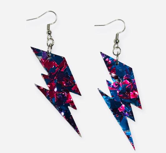 Lightning Bolt Acrylic Earrings, Purple Confetti