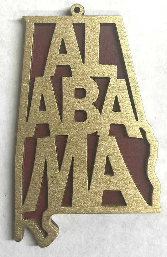 Alabama Wood Ornament - Gold over Crimson