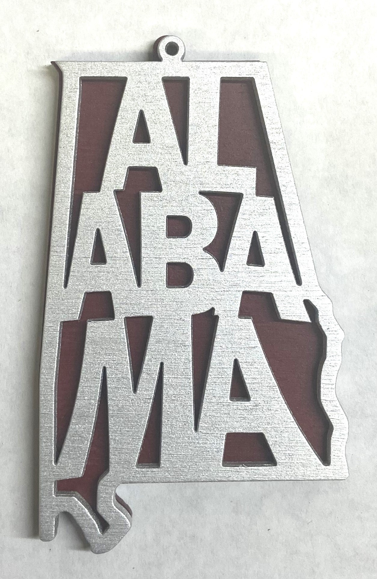 Alabama Wood Ornament - Silver over Crimson