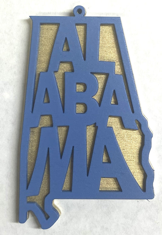 Alabama Wood Ornament - 4" x 2.4" - Wildflower Blue over Gold